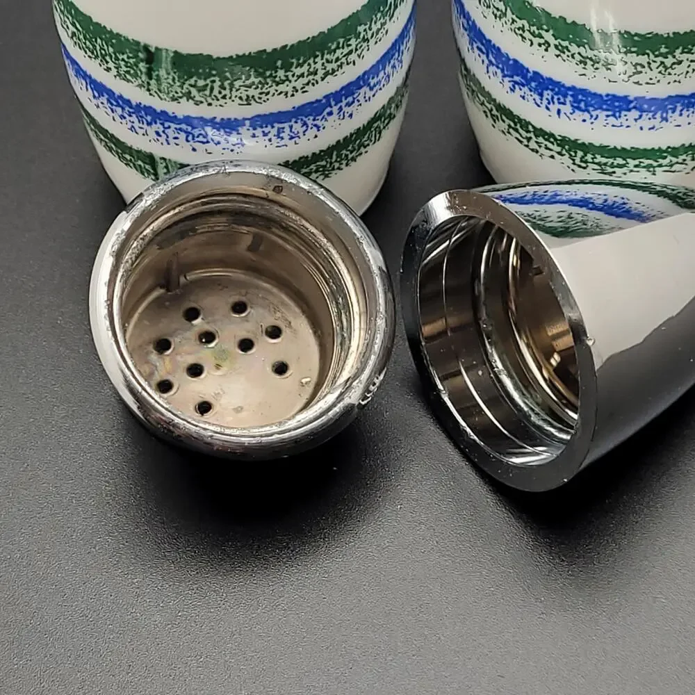 Vintage Gemco 70s Salt Pepper Shakers Stripe Chrome Top Retro Kitchen MCM